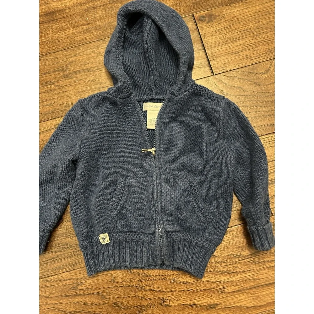 Ralph Lauren Navy Blue Hooded Knit Full Zip Sweater Jacket 12 Months Thick